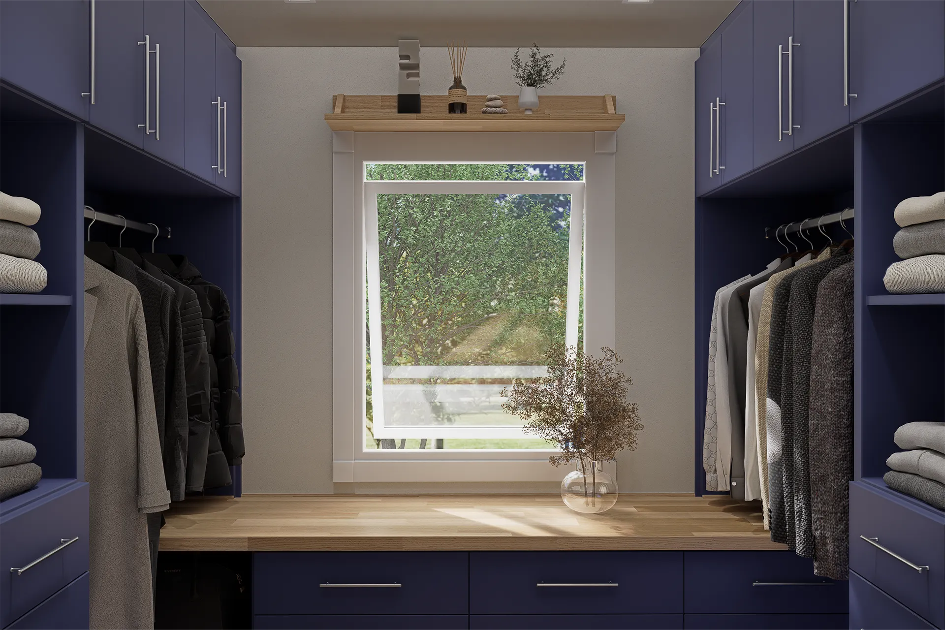 Walk in closet azul marino organizado en torno a la ventana central, Closet Aguas Claras