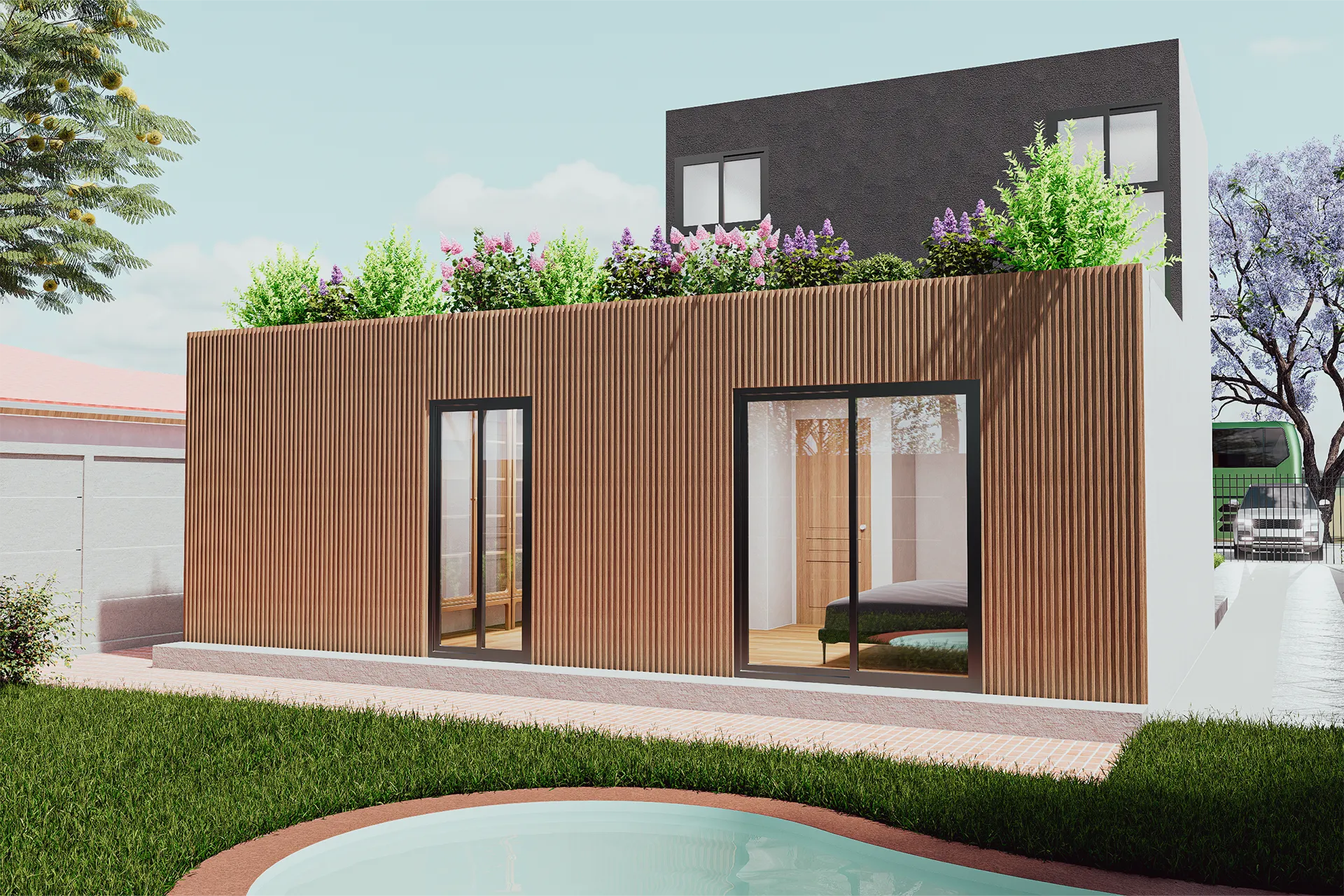 Fachada posterior con piscina y jardín, Casa El Alamein