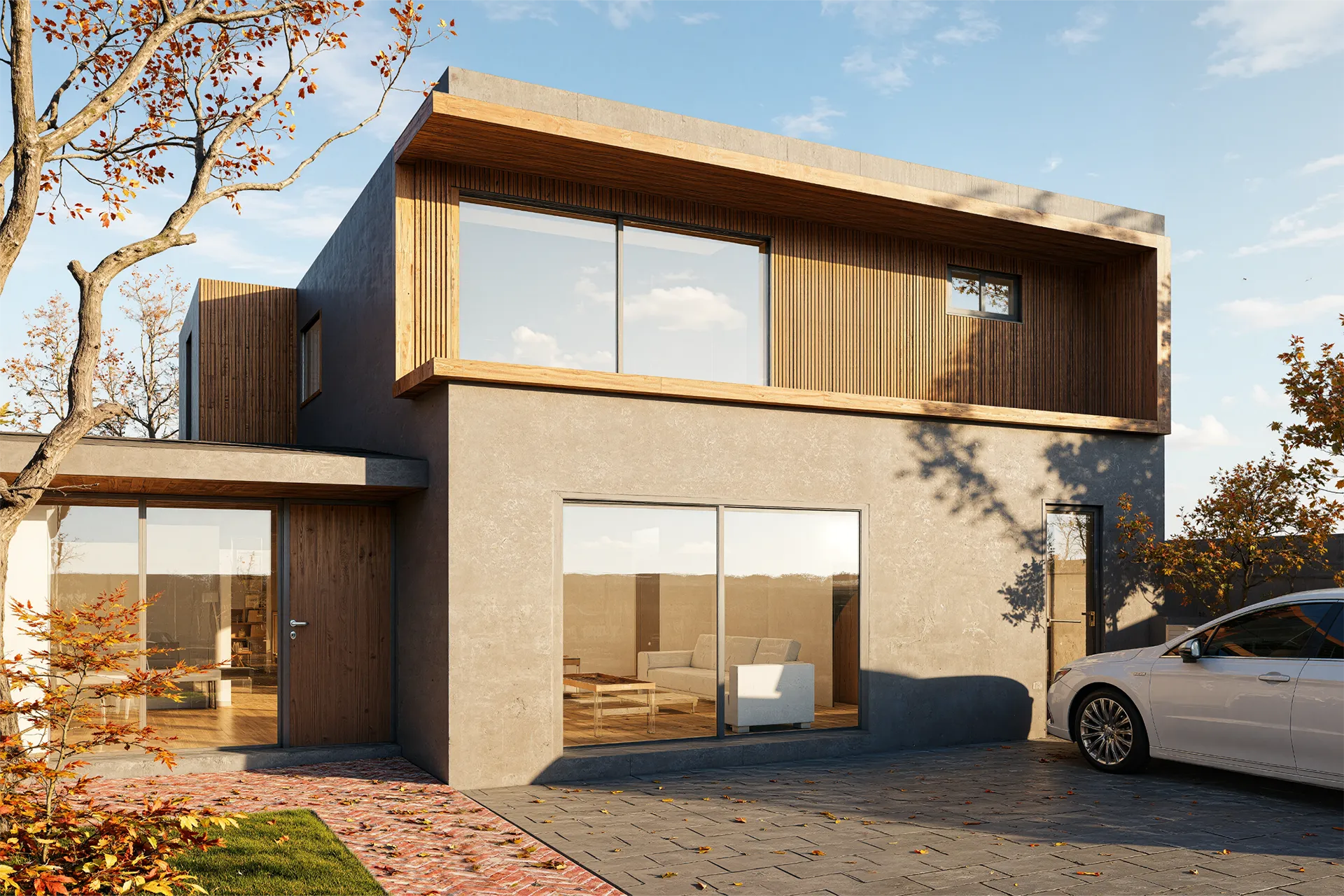 Fachada con volumen superior revestido en madera, Casa Las Hualtatas