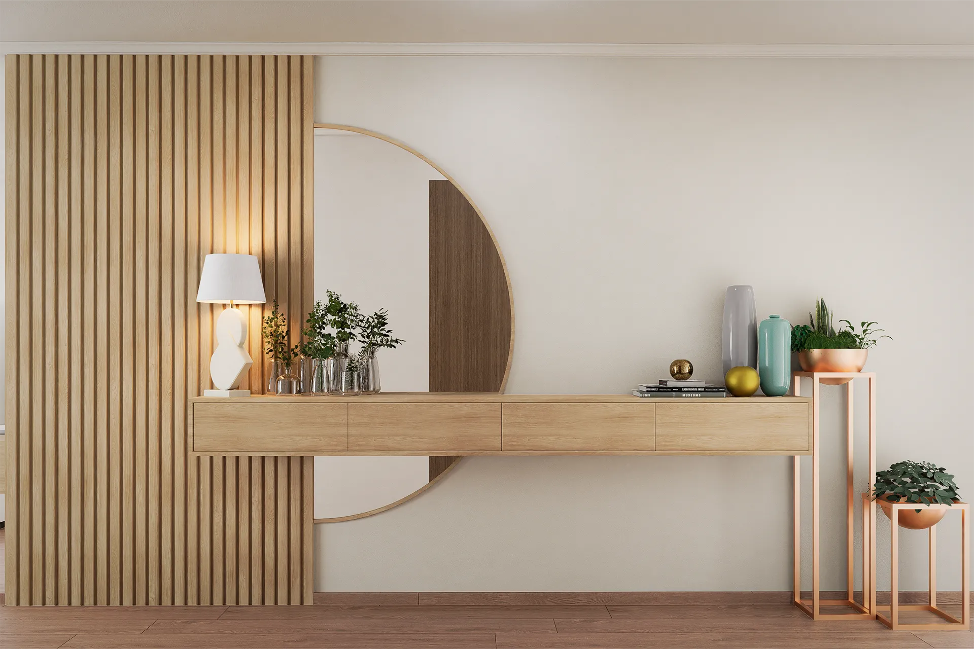 Consola de madera a medida con espejo en arco y panel de listones, Casa Los Alpes