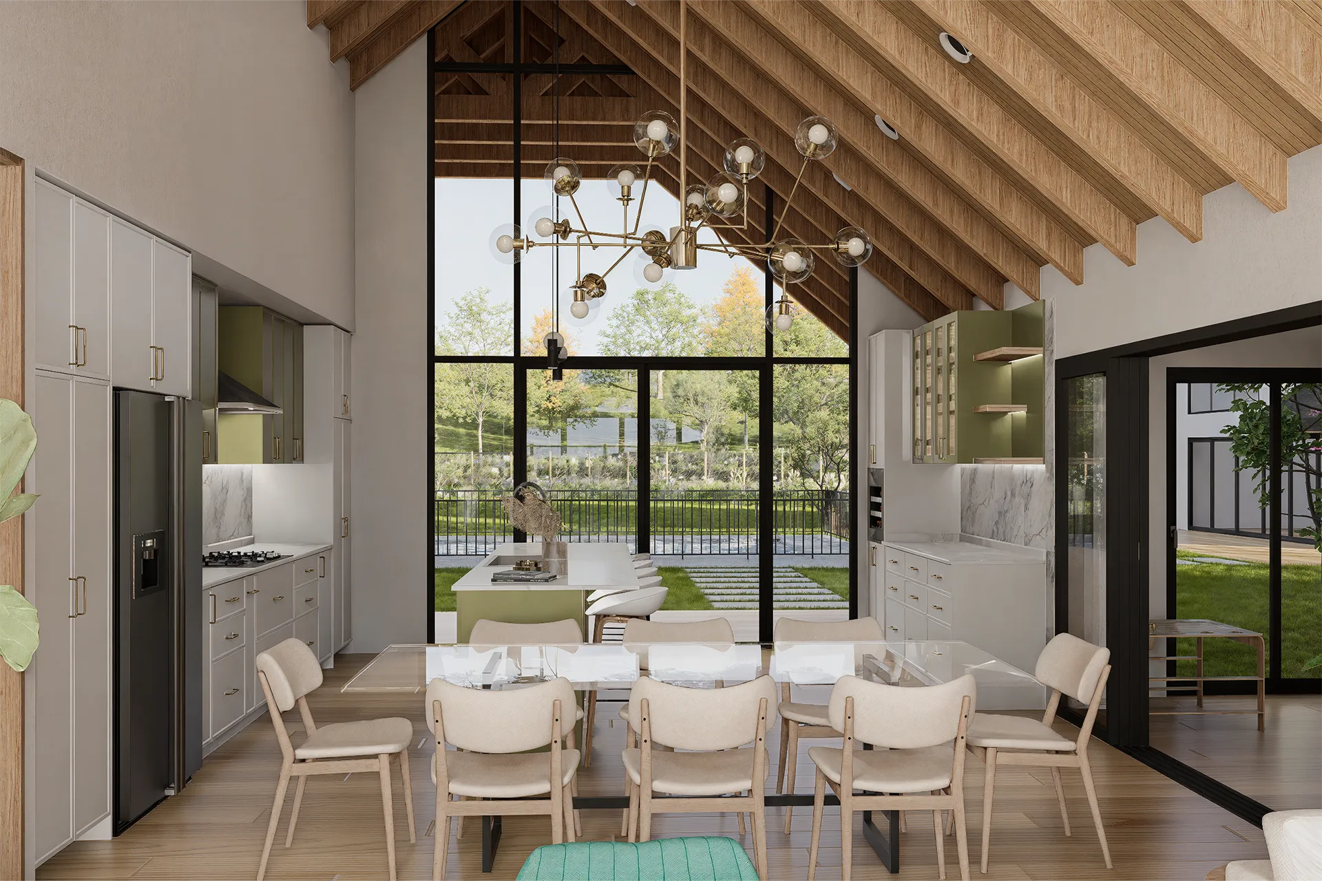Cocina y comedor integrados bajo techo de vigas de madera a la vista, Casa Los Aromos