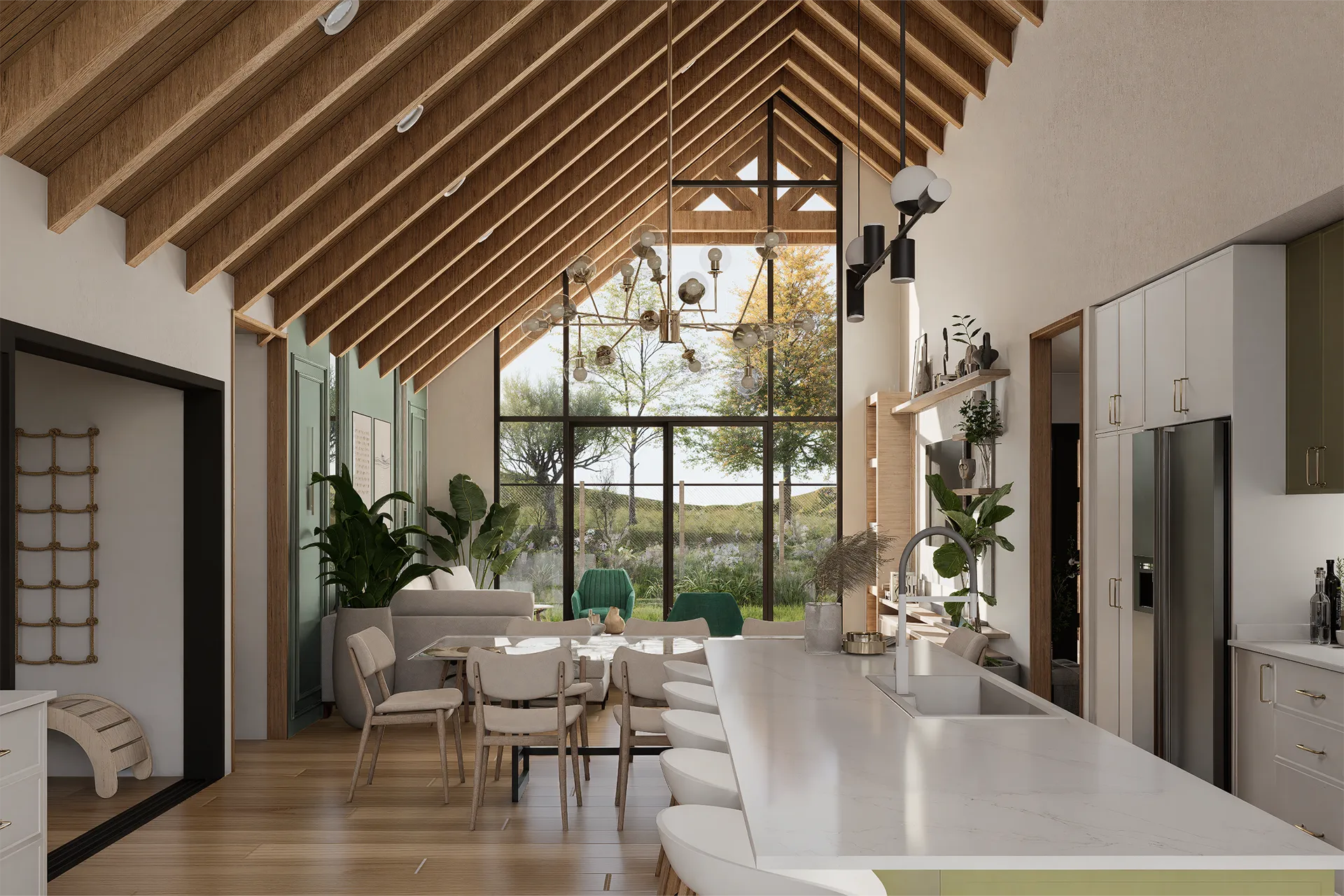 Comedor bajo cubierta de madera a dos aguas, Casa Los Aromos