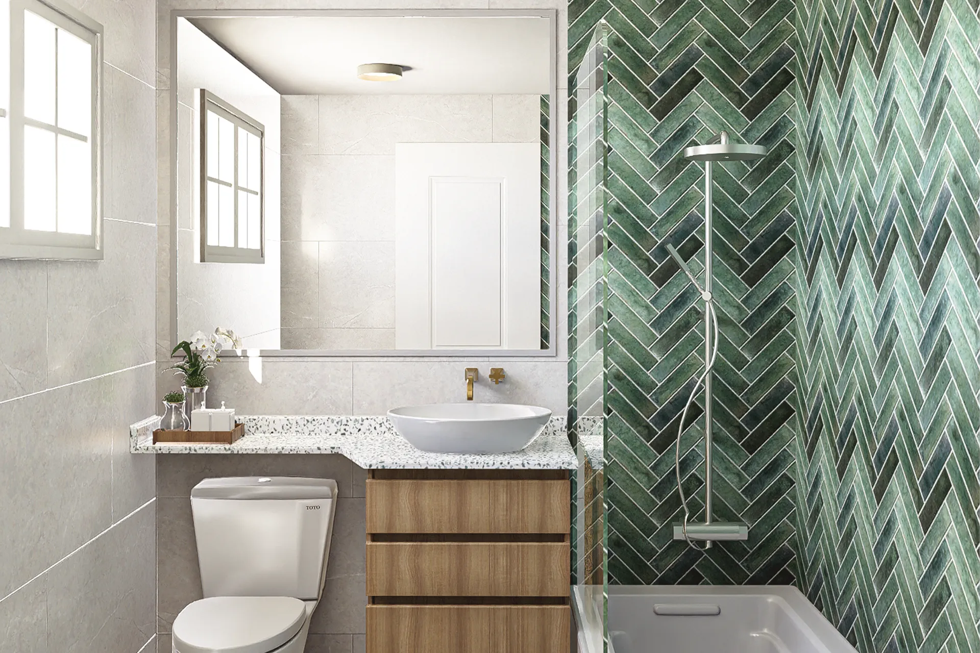 Baño con ducha, vanitorio de madera y palmeta verde, Casa Monseñor Eyzaguirre