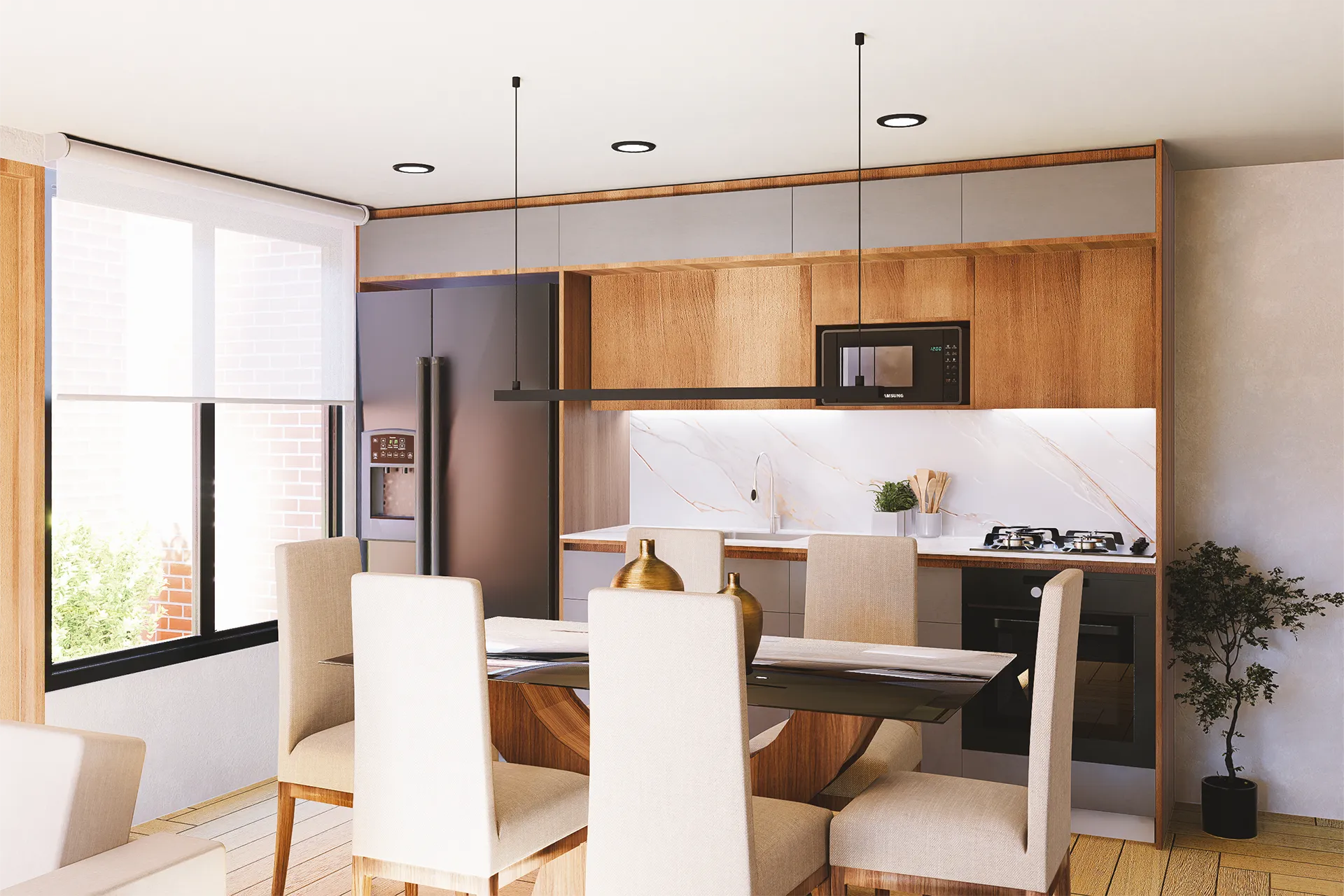 Comedor integrado a la cocina con muebles de madera, Casa San Pedro