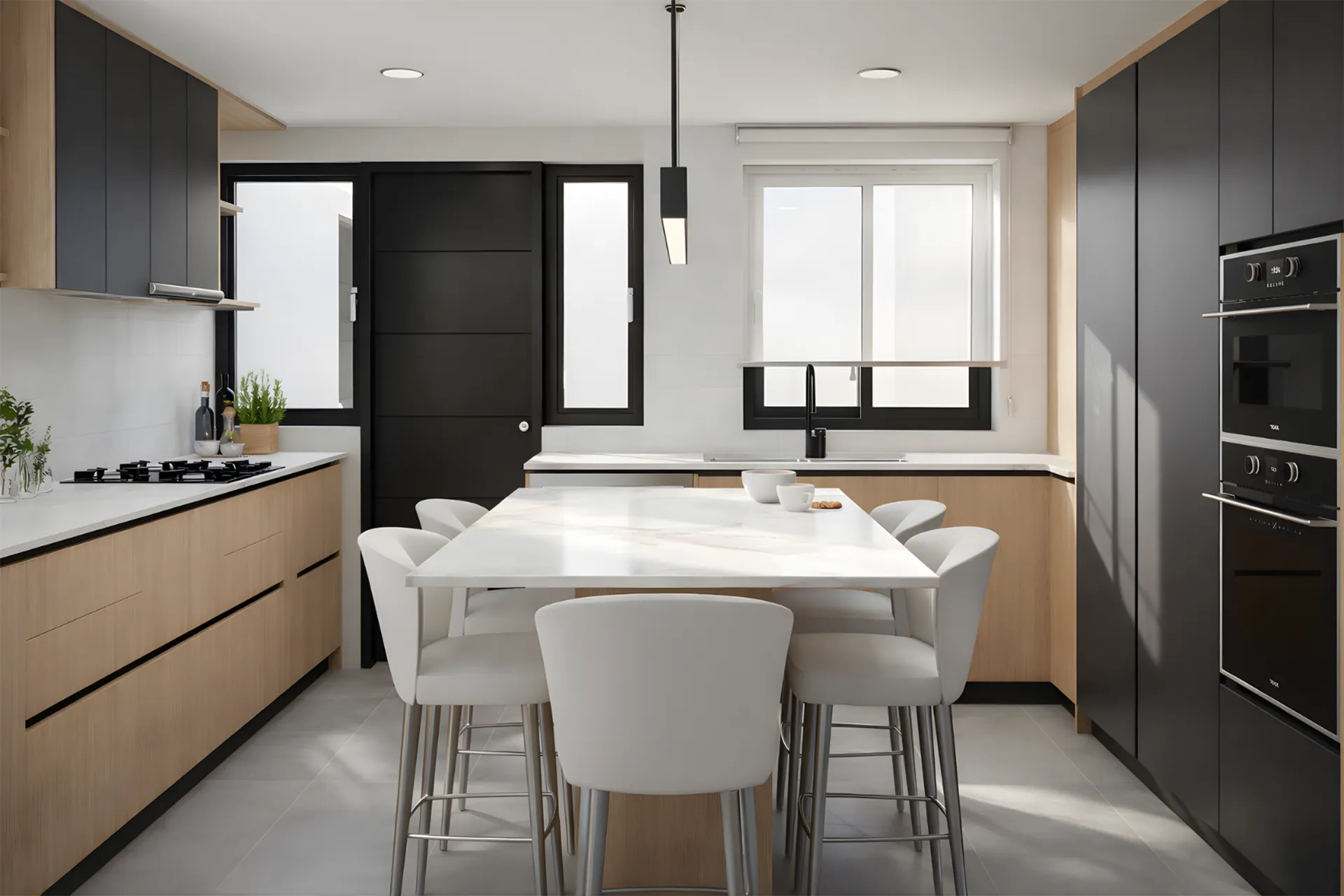 Cocina con isla de cuarzo y taburetes blancos, Casa Tobalaba