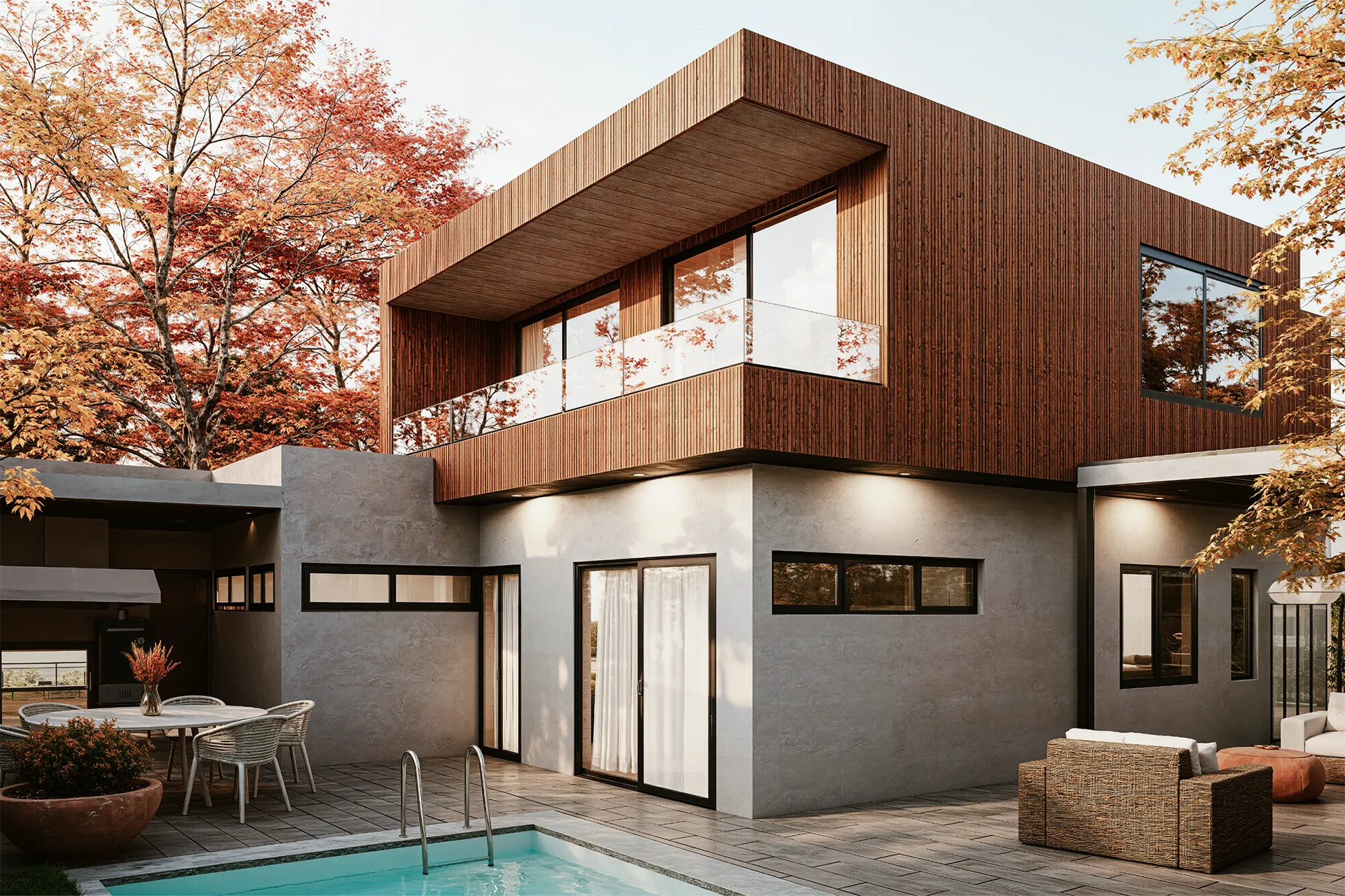 Fachada posterior con piscina y terraza, Casa Trieste