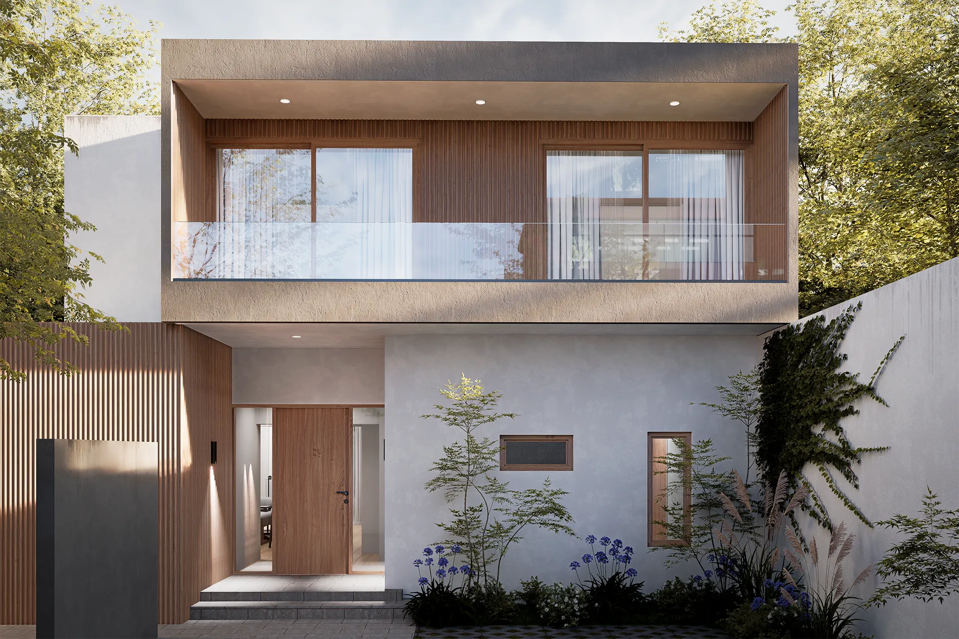 Acceso principal con puerta de madera y jardinera, Casa Valle Hermoso