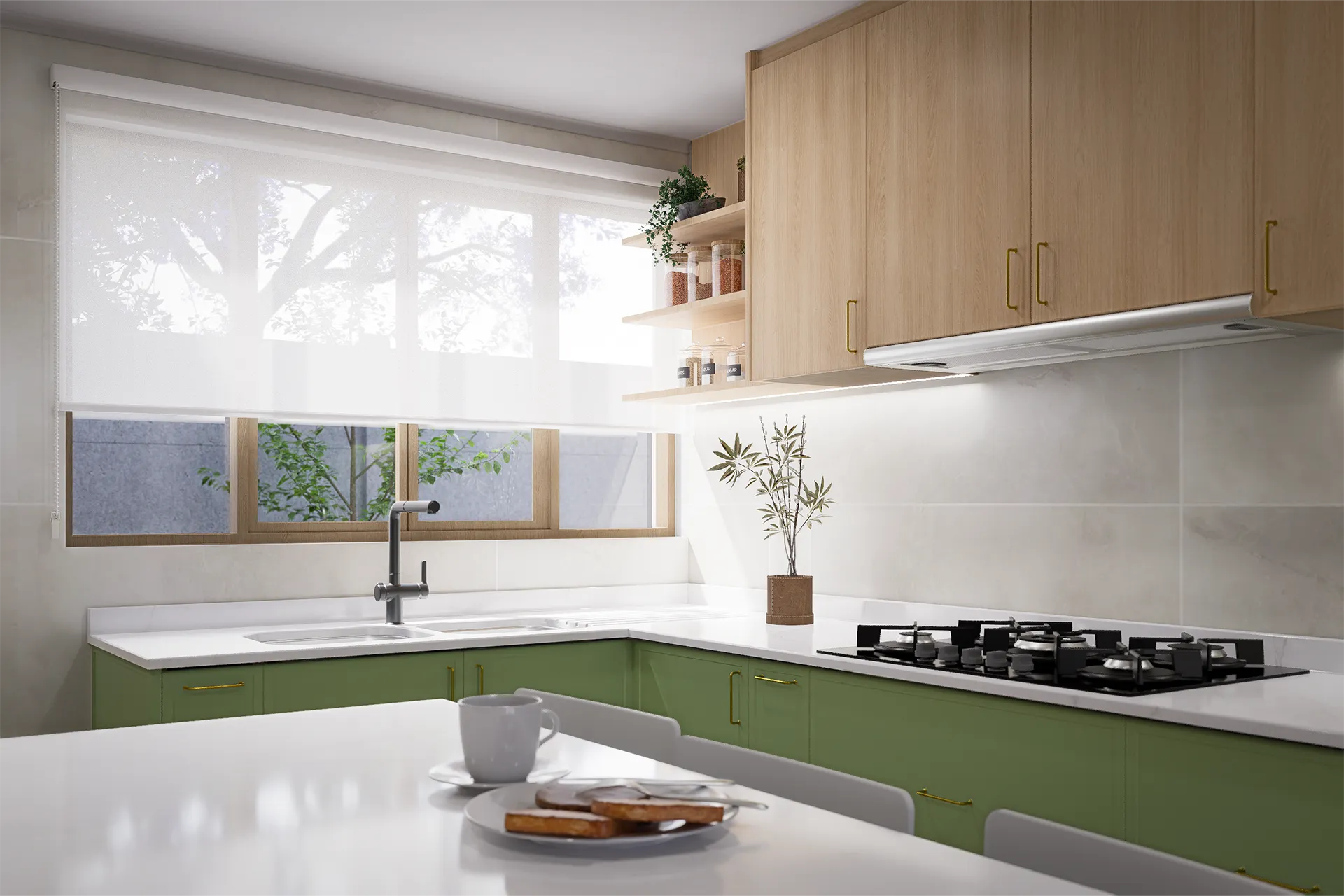 Encimera blanca junto a la ventana con muebles verde oliva, Cocina Calera de Tango