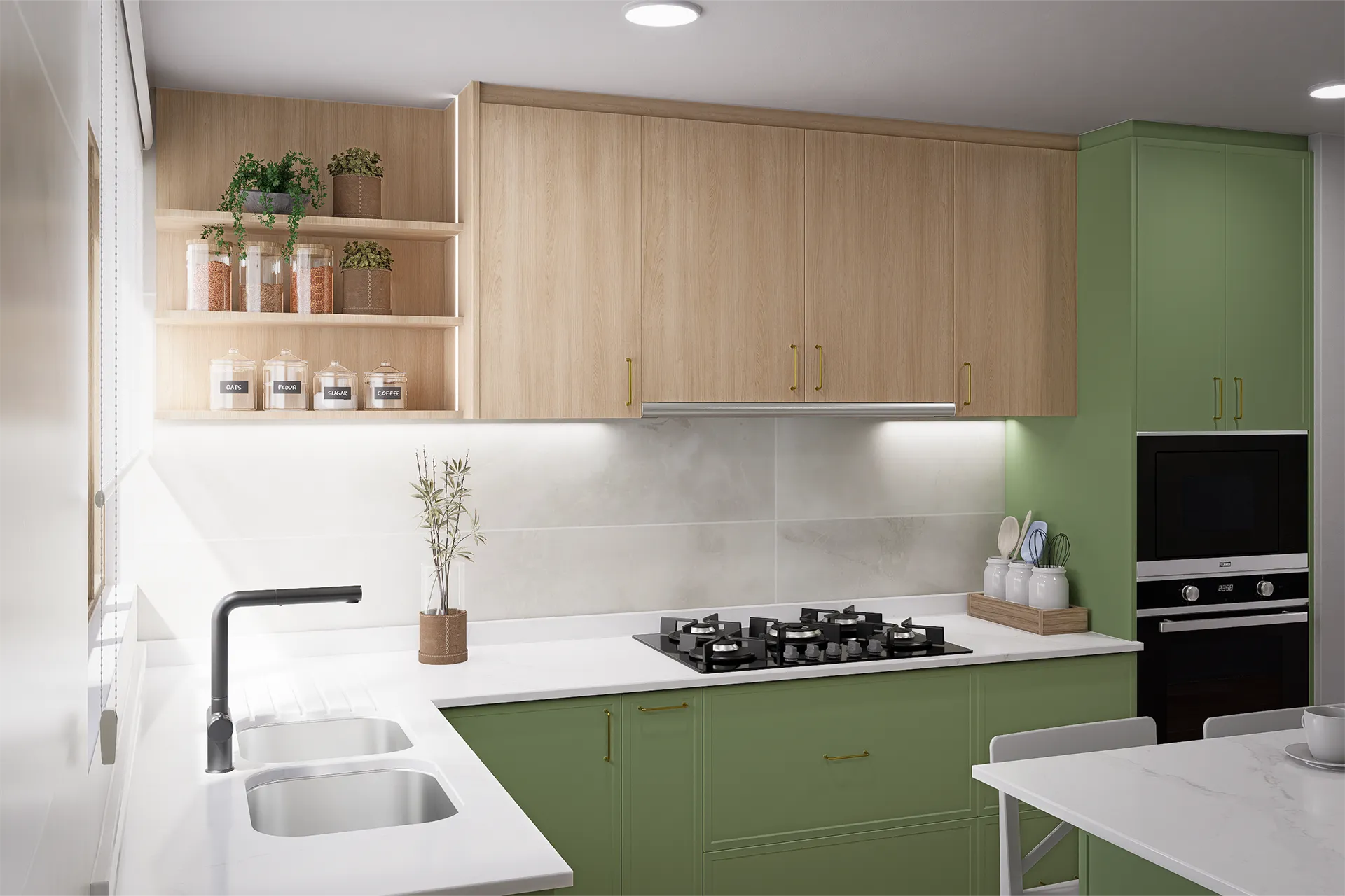 Lavaplatos y encimera con muebles verdes y repisas de madera, Cocina Calera de Tango