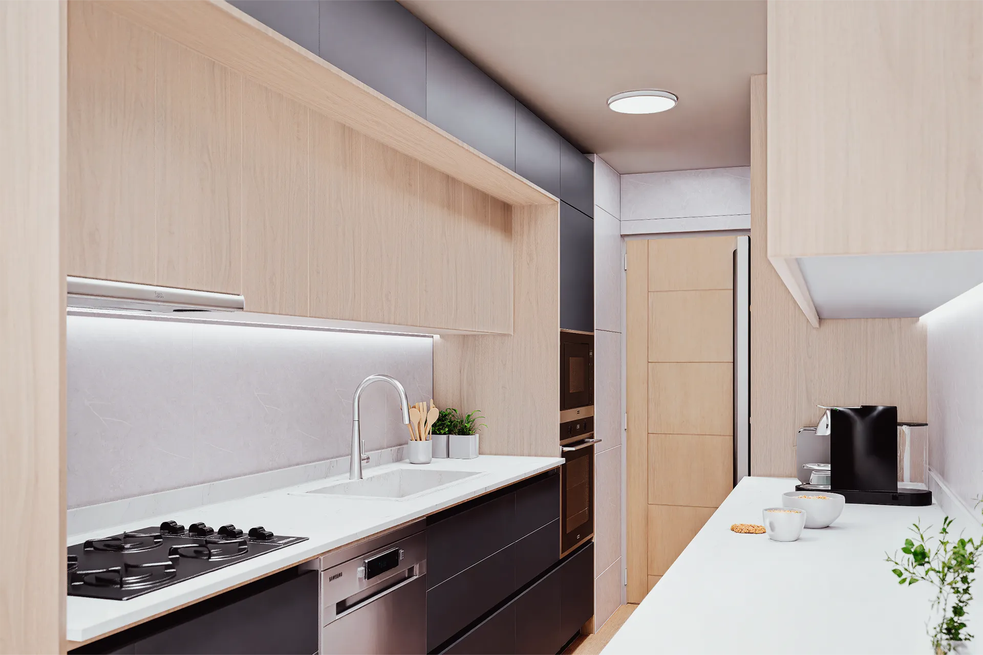 Encimera blanca con muebles café y encimera a gas, Cocina Del Mirador