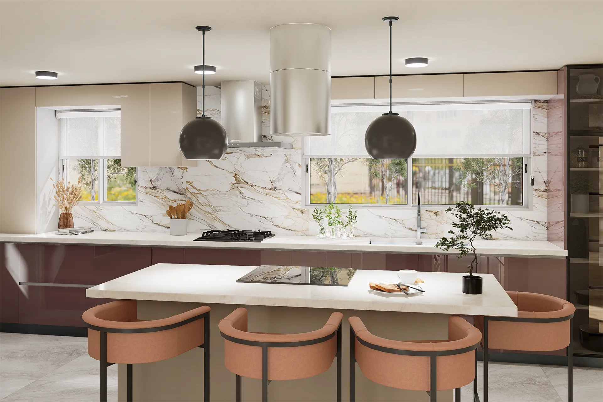 Cocina con isla, muebles malva y campanas cilíndricas, Cocina El Rodeo