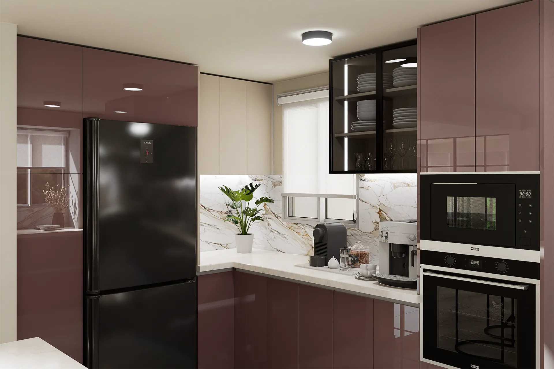 Cocina en L con muebles malva y refrigerador negro, Cocina El Rodeo