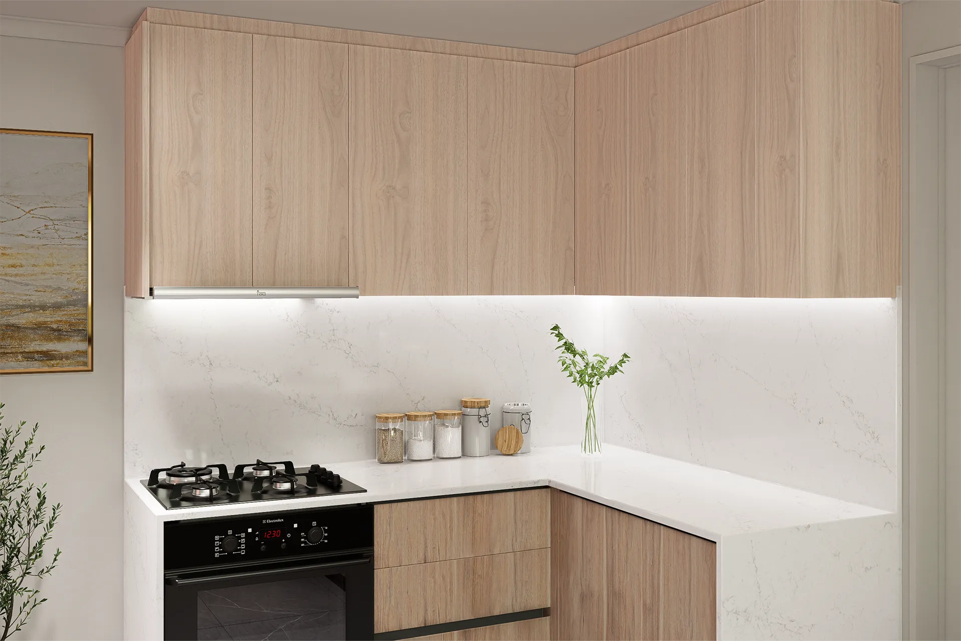 Encimera de cuarzo con encimera a gas y horno empotrado, Cocina Las Araucarias