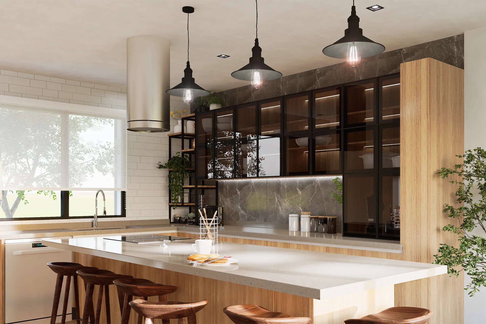 Cocina con vitrinas negras estilo industrial e isla de madera, Cocina San José de Graneros