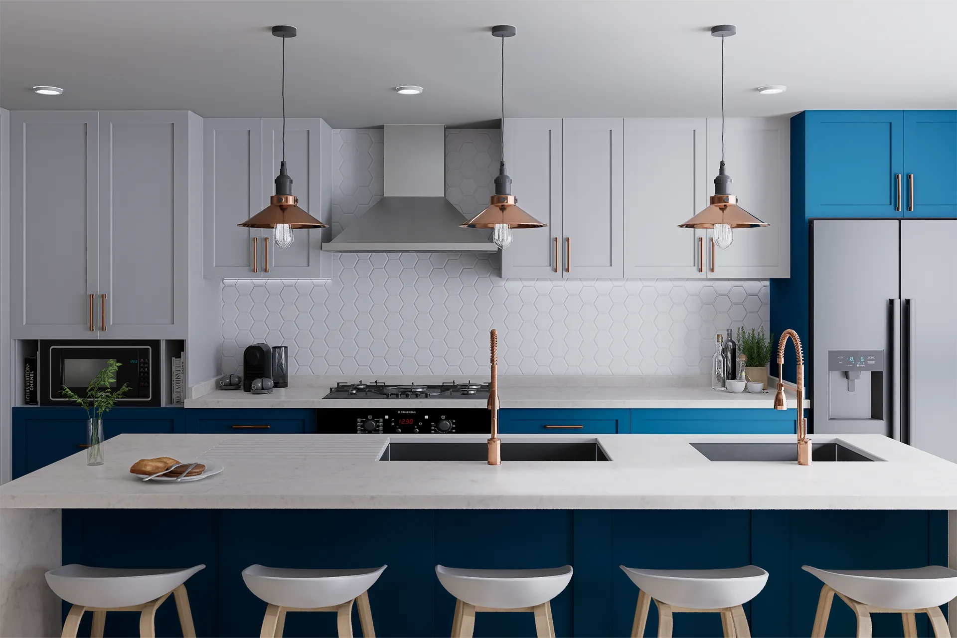 Muro de palmeta hexagonal blanca con muebles navy, Cocina Santa Sofía