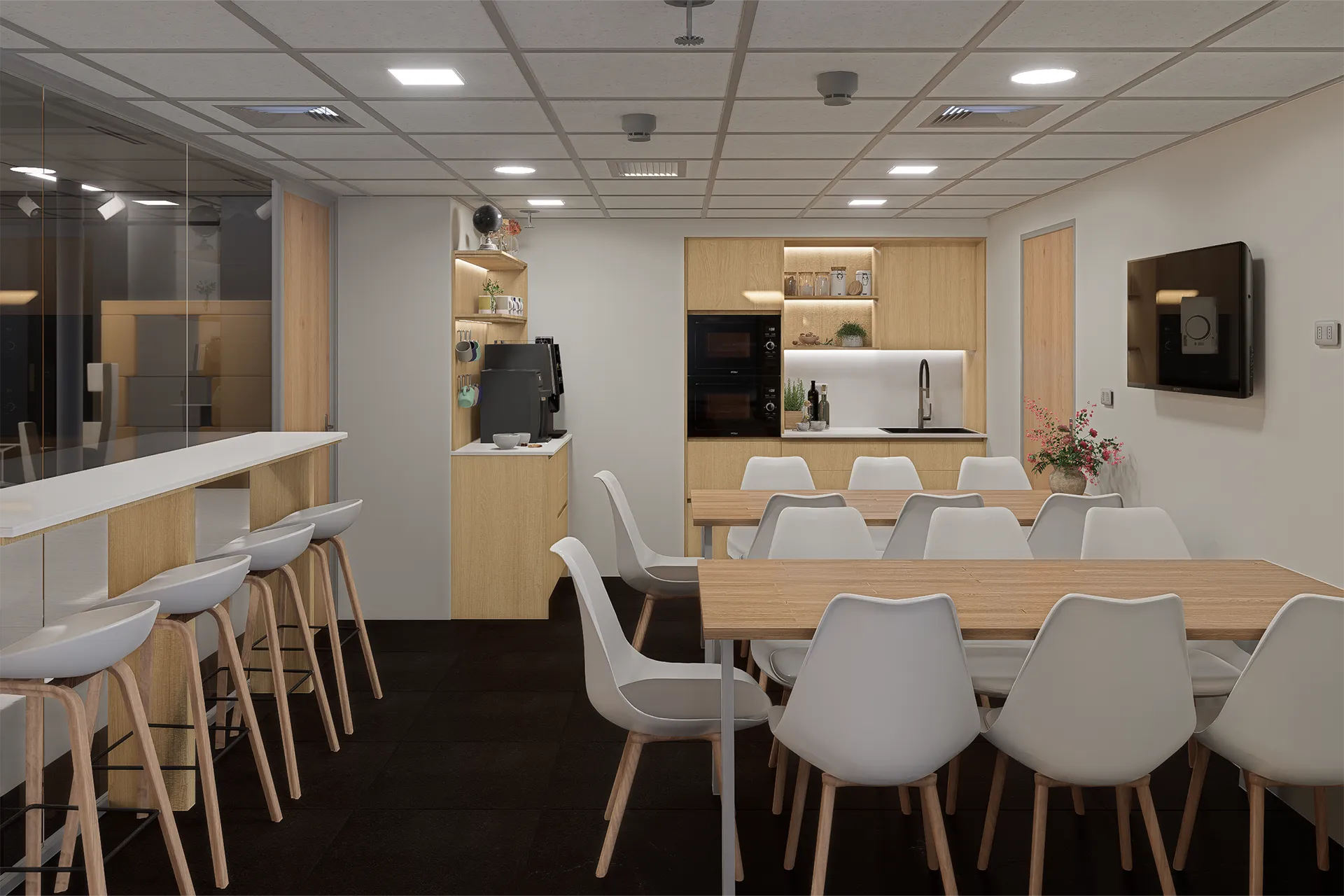 Comedor corporativo con mesas de madera y sillas blancas, Comedor Consorcio