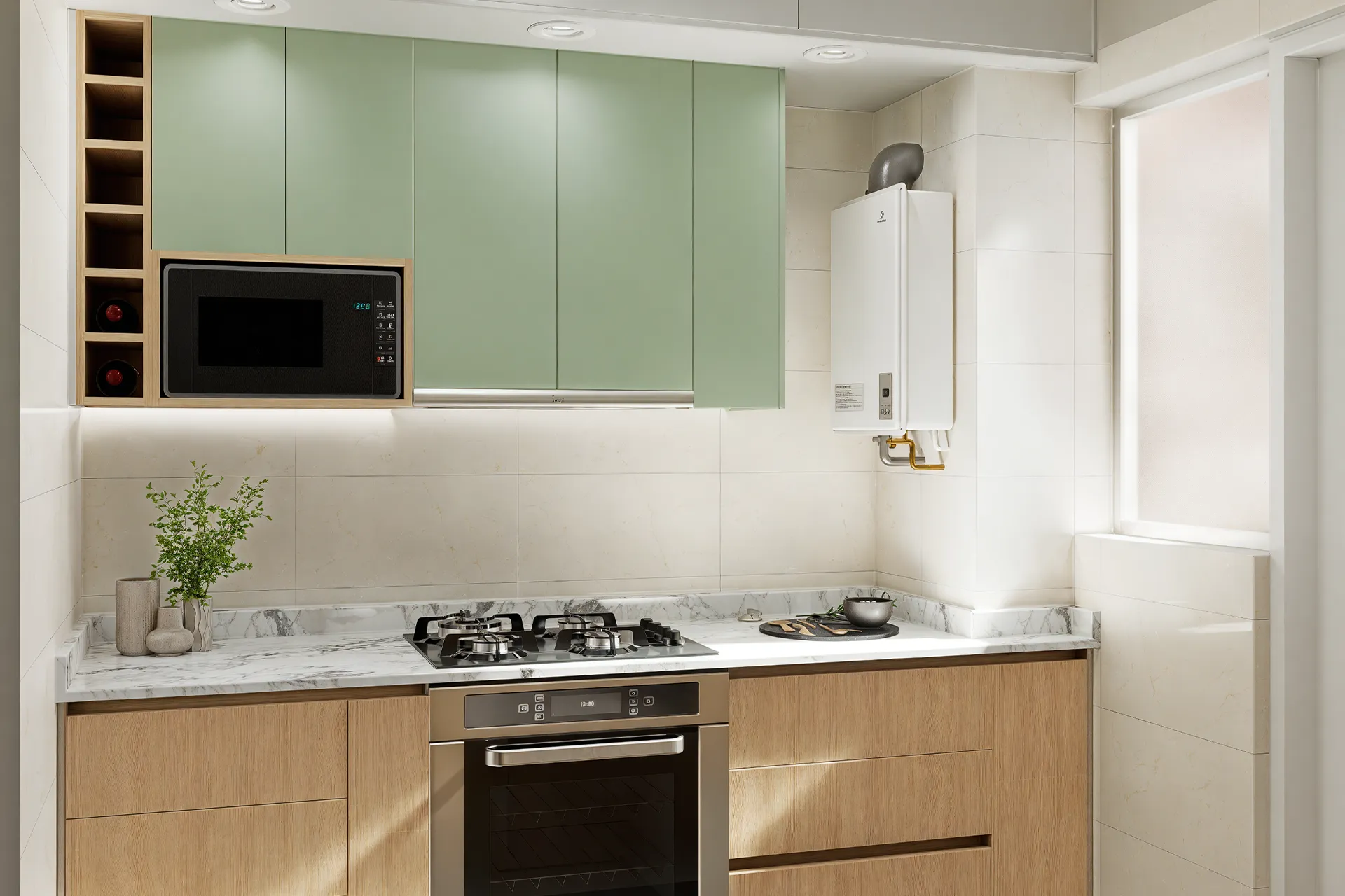 Cocina con horno empotrado, microondas y nichos de madera, Departamento Contramaestre
