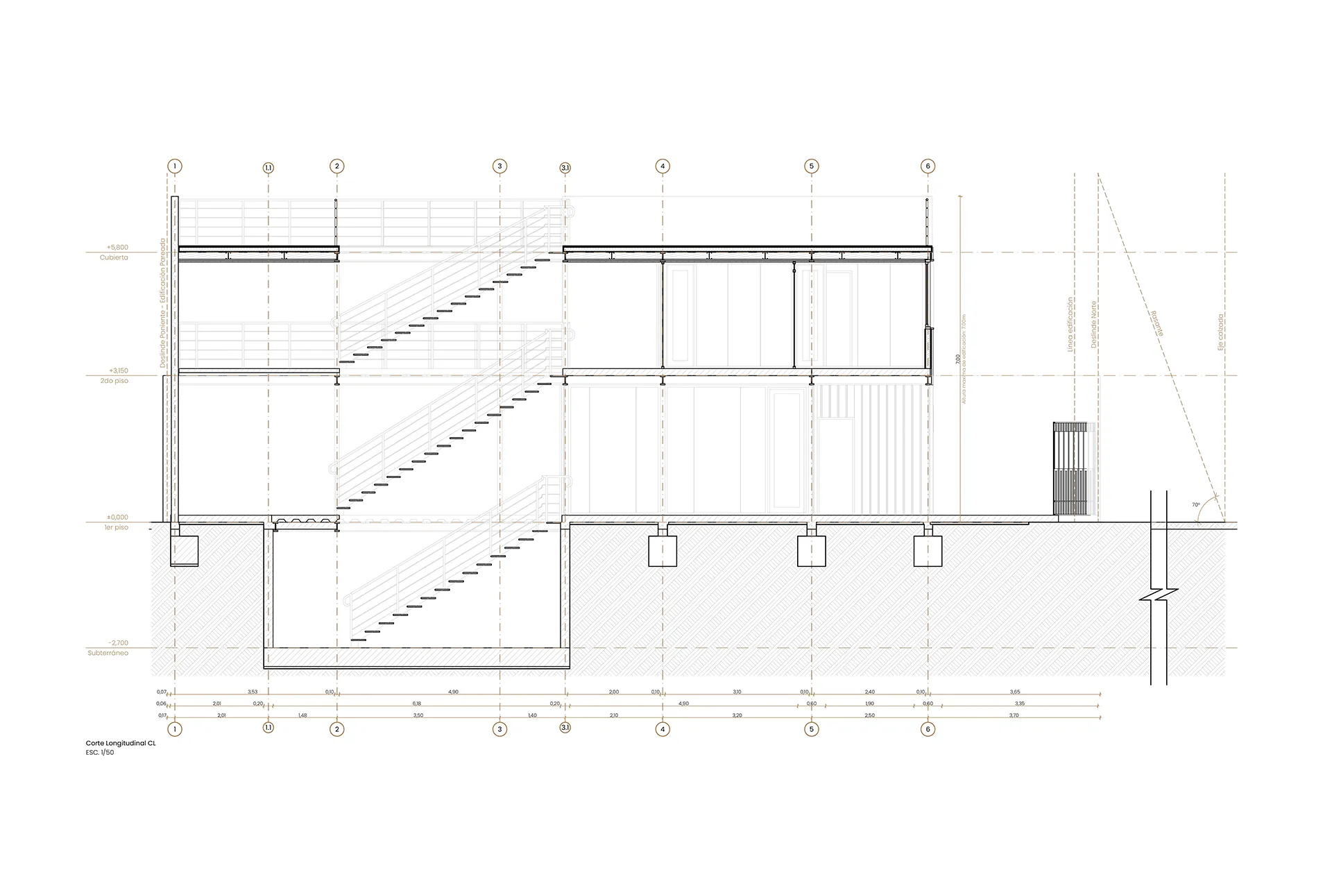 Plano de corte longitudinal con escalera, Edificio Lazo