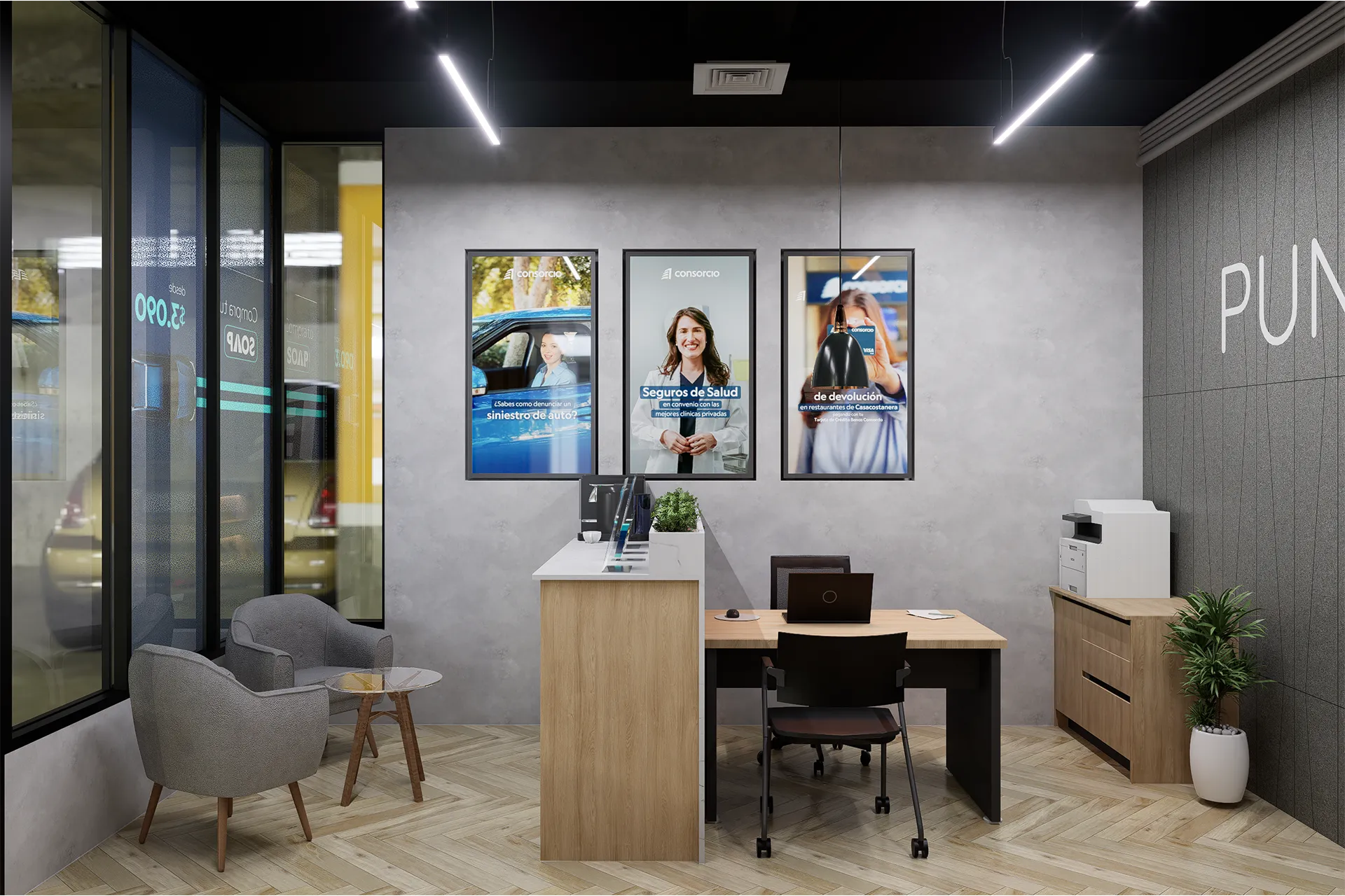 Sala de espera con gráfica corporativa, Oficina Punto Switch