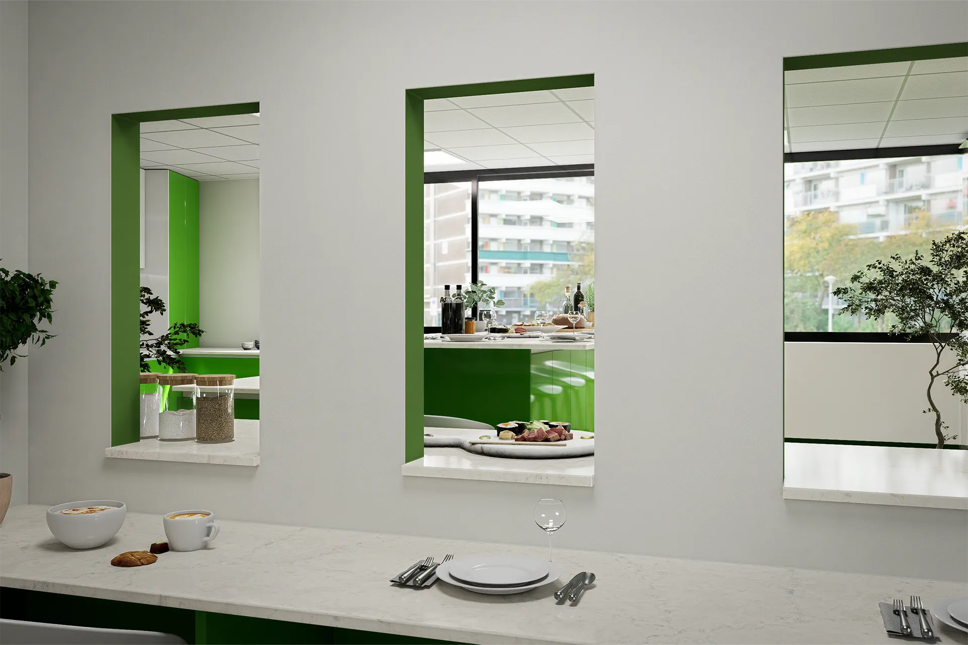 Pasaplatos con ventanas hacia el comedor, Puerto Maderos
