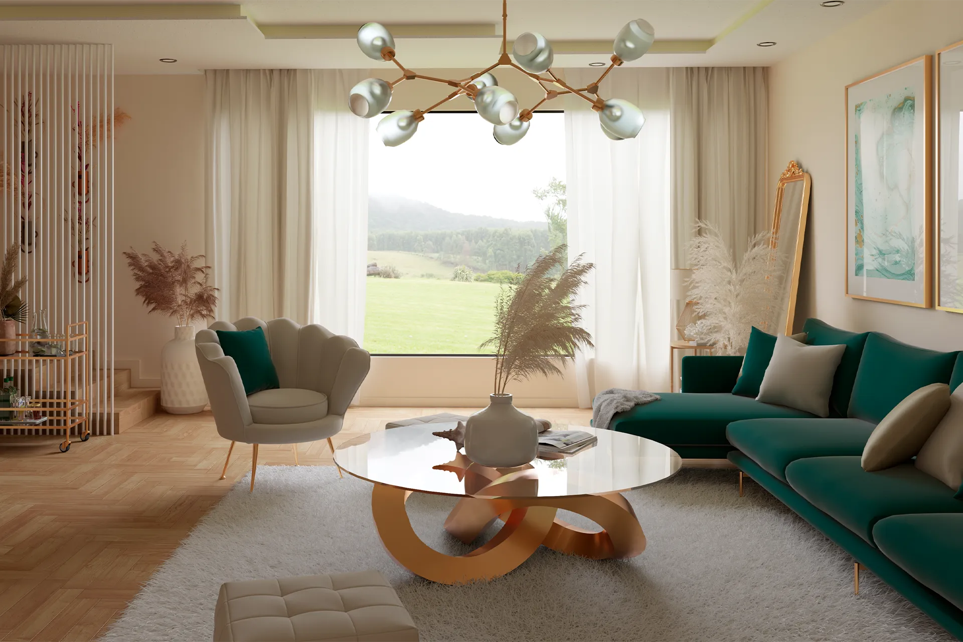 Living con sofá verde esmeralda, pampas y lámpara de esferas, Sala Estar Sagaro