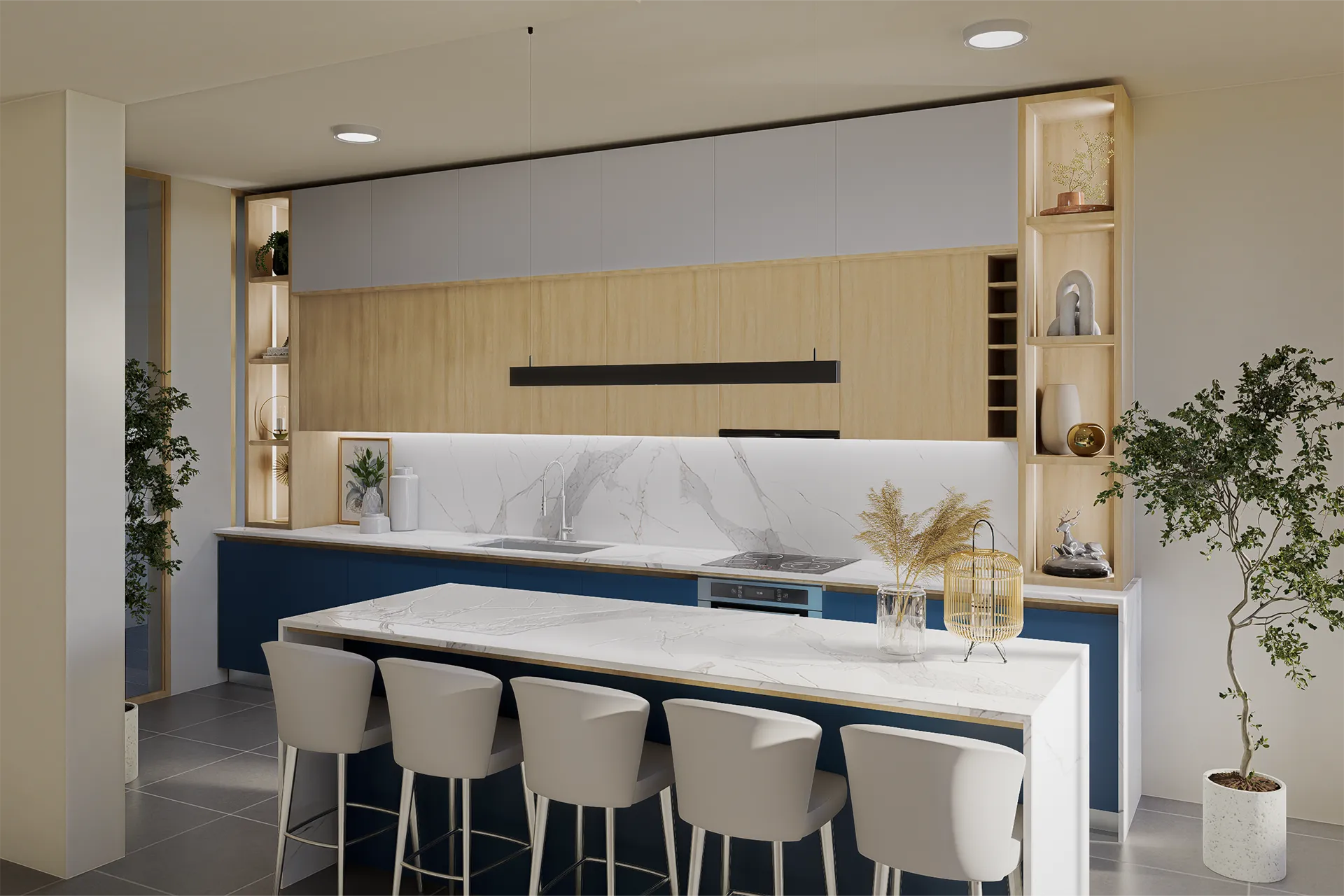 Cocina con isla azul y taburetes blancos, Salón de Eventos Gormáz