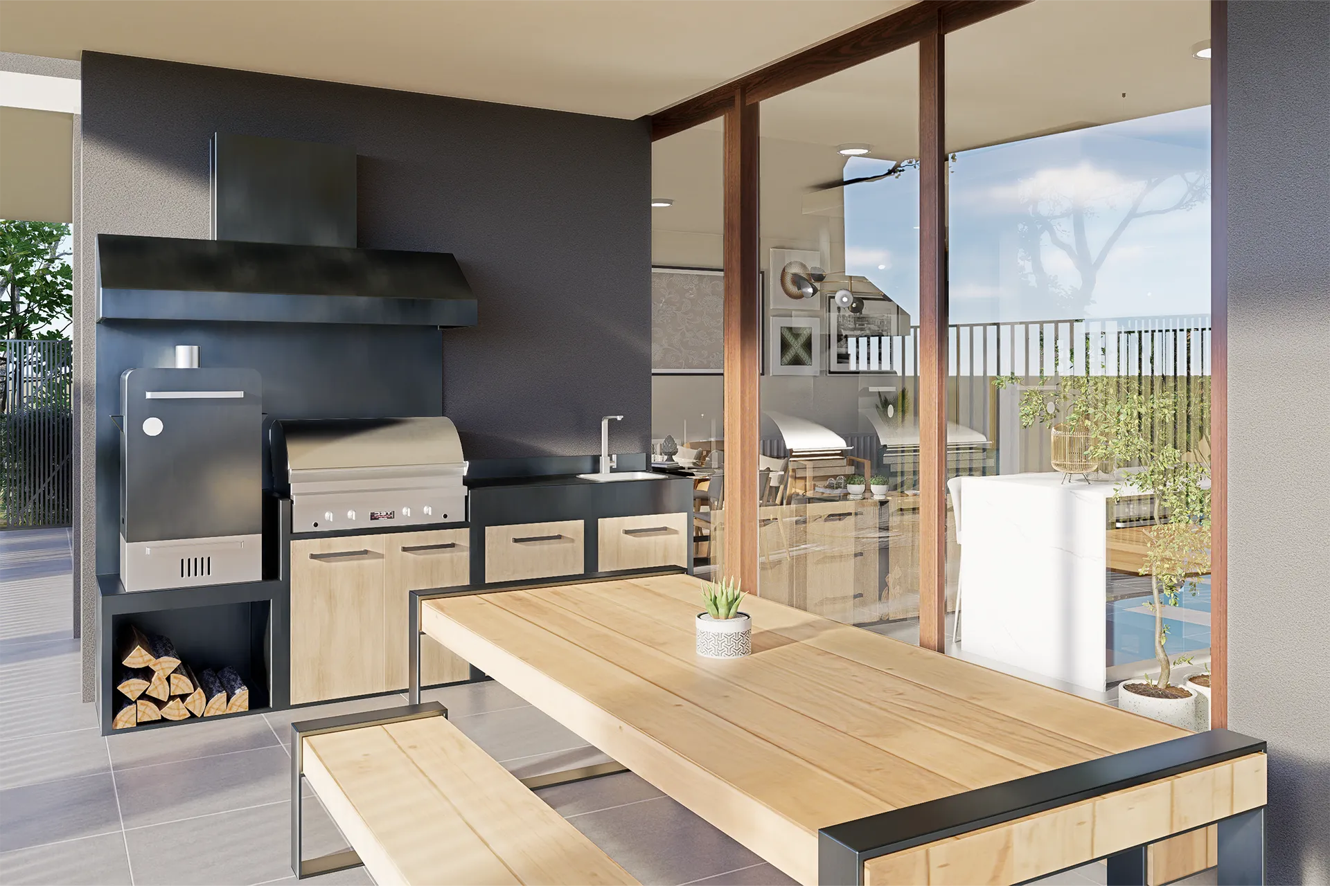 Quincho con parrilla y mesa de madera frente a la piscina, Salón de Eventos Gormáz