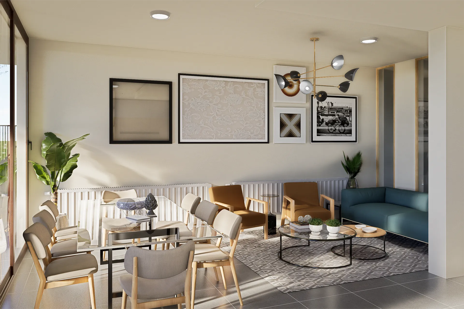 Salón con butacas, sofá azul y obras enmarcadas, Salón de Eventos Gormáz